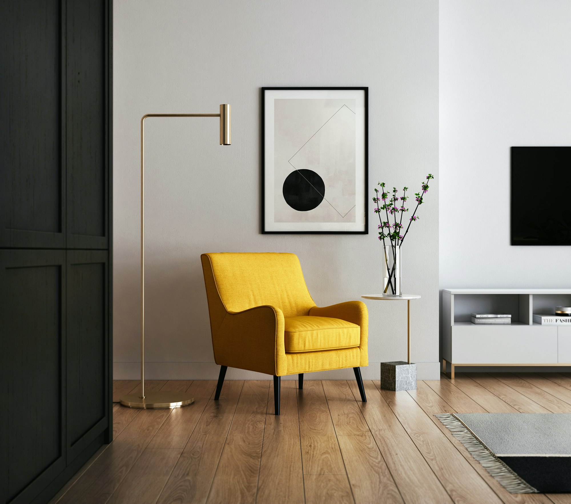 A yellow armchair in a calm, minimal living room